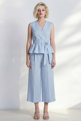 V Neck Light Blue 2 Piece Ruffled Business Suits with Belt