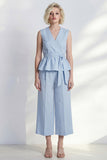 V Neck Light Blue 2 Piece Ruffled Business Suits with Belt