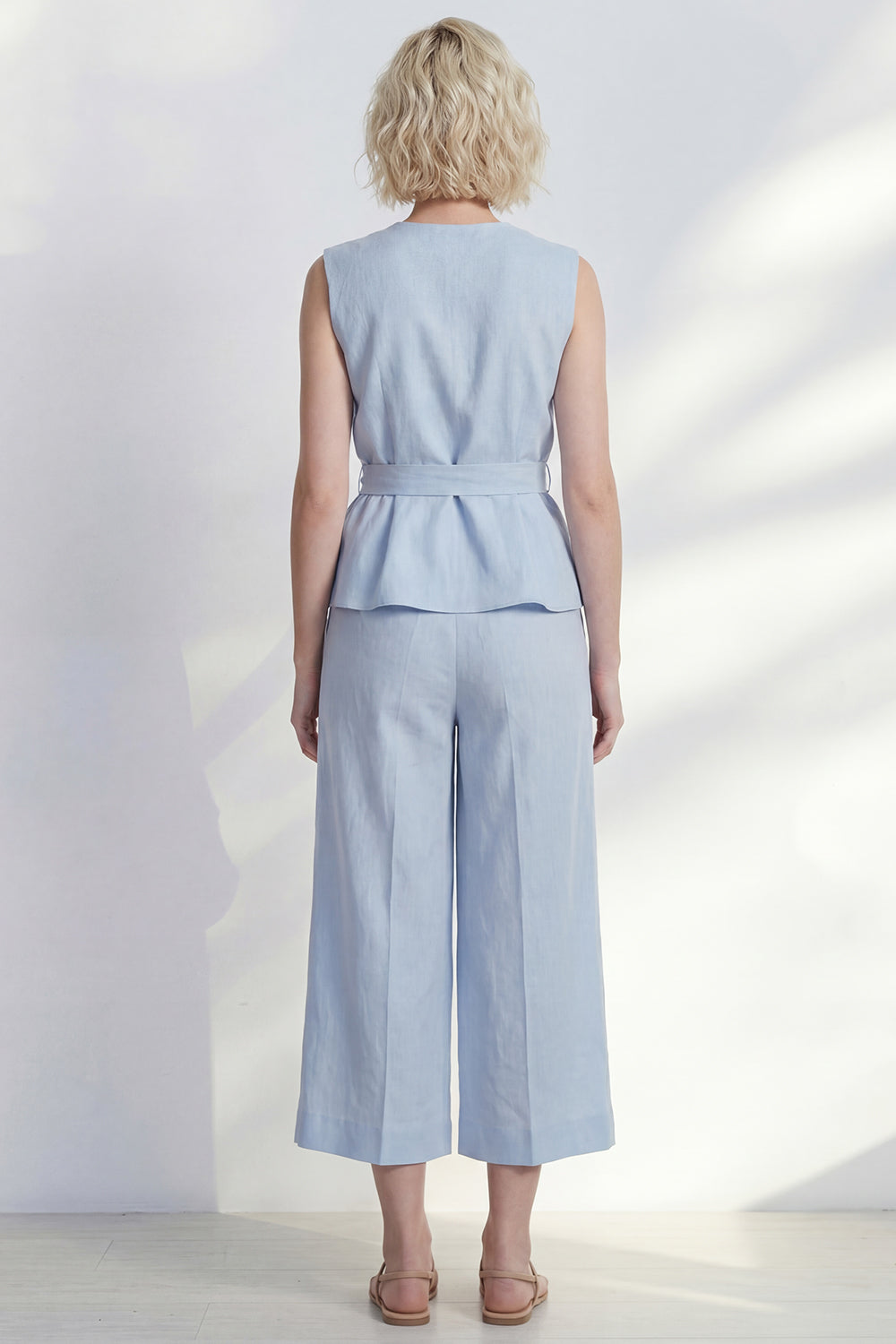 V Neck Light Blue 2 Piece Ruffled Business Suits with Belt