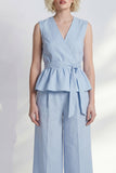 V Neck Light Blue 2 Piece Ruffled Business Suits with Belt