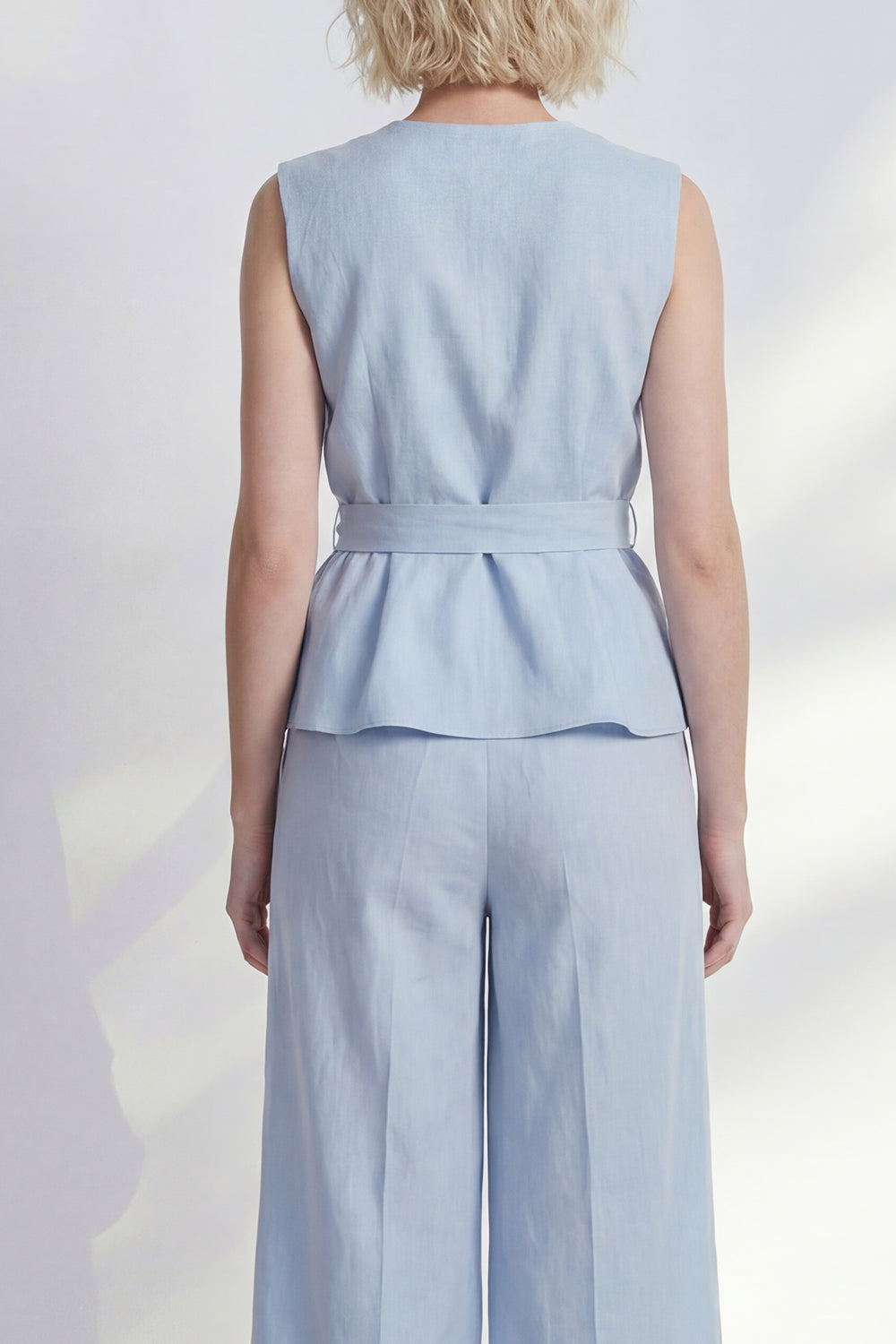V Neck Light Blue 2 Piece Ruffled Business Suits with Belt