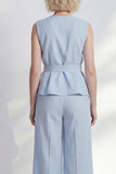 V Neck Light Blue 2 Piece Ruffled Business Suits with Belt