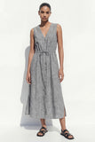 V Neck Grey Single Breasted Work Dress with Slit