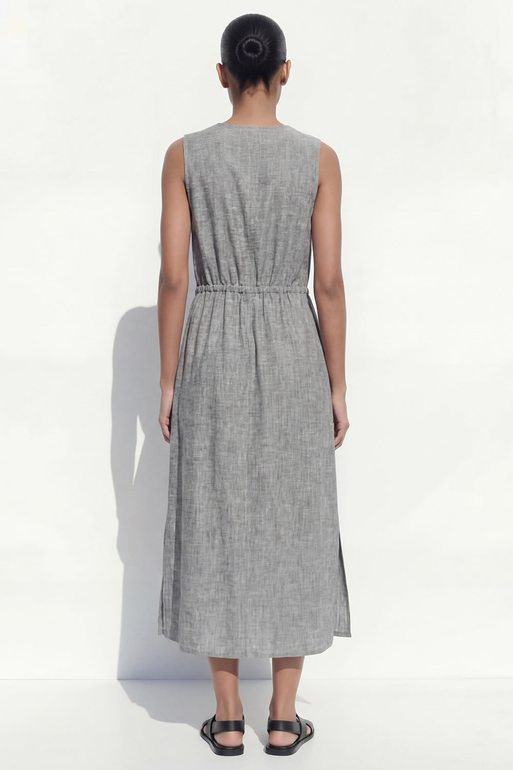 V Neck Grey Single Breasted Work Dress with Slit