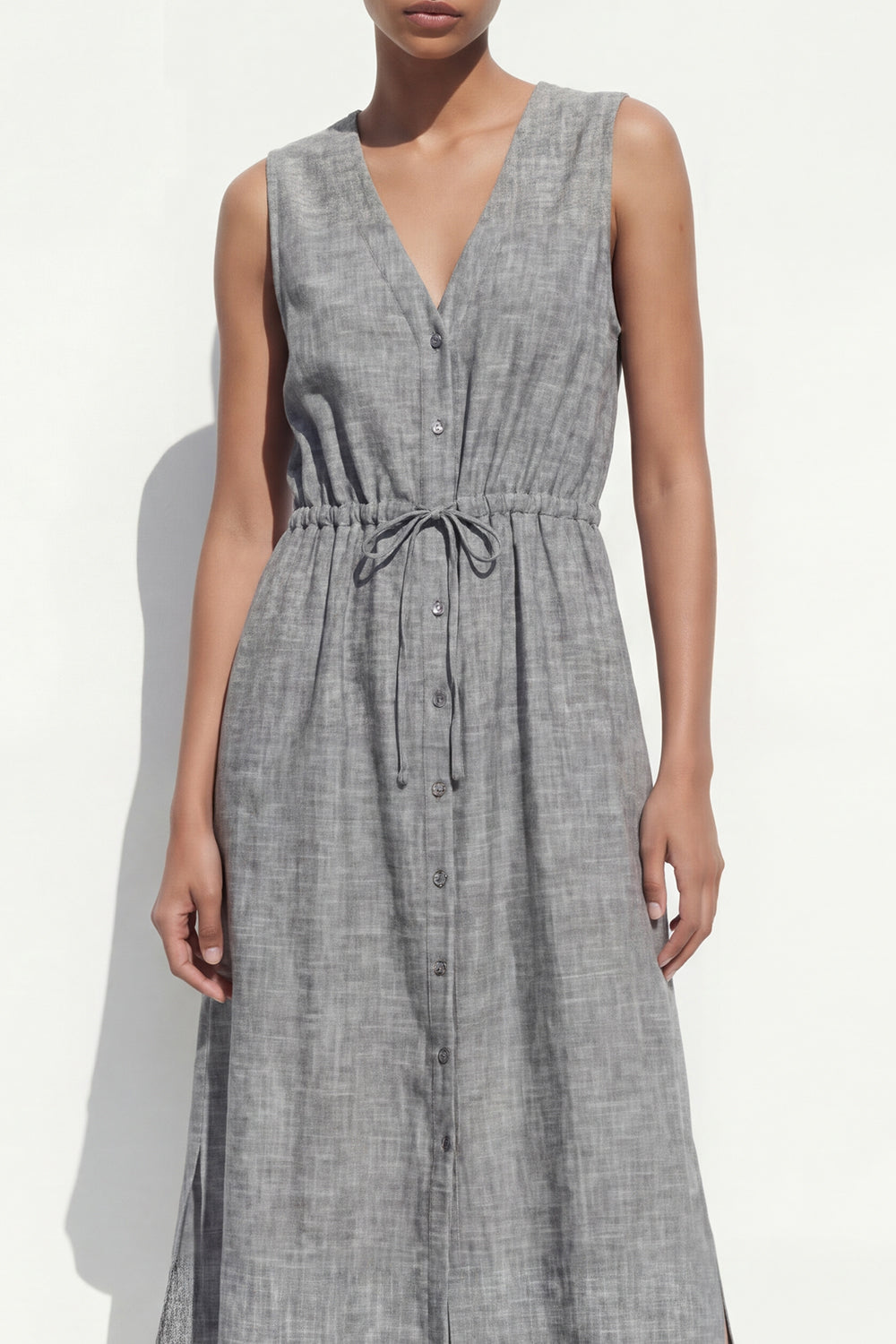 V Neck Grey Single Breasted Work Dress with Slit