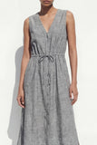 V Neck Grey Single Breasted Work Dress with Slit
