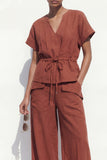 Caramel V-Neck 2 Piece Short Sleeves Business Suits with Pockets