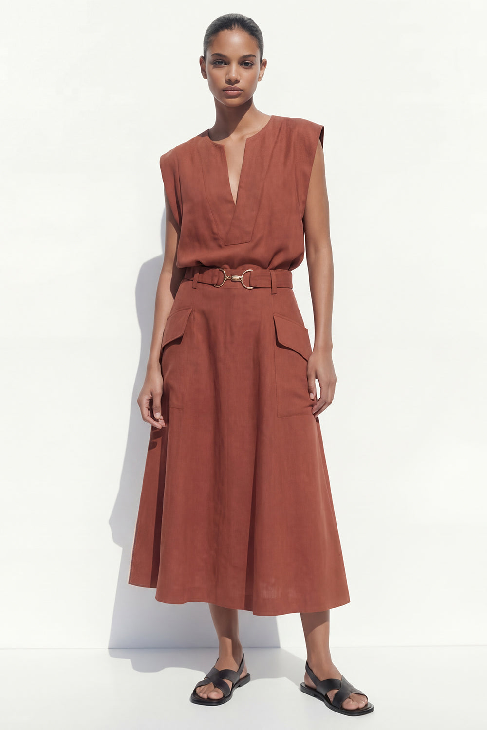 V Neck Carmel 2 Piece Cap Sleeves Business Suits with Belt
