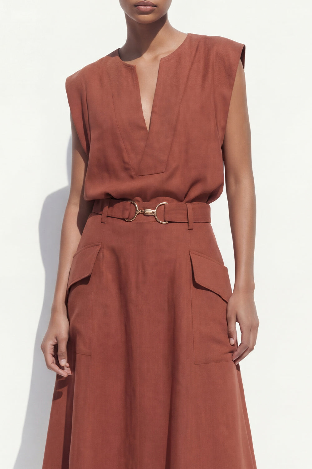 V Neck Carmel 2 Piece Cap Sleeves Business Suits with Belt