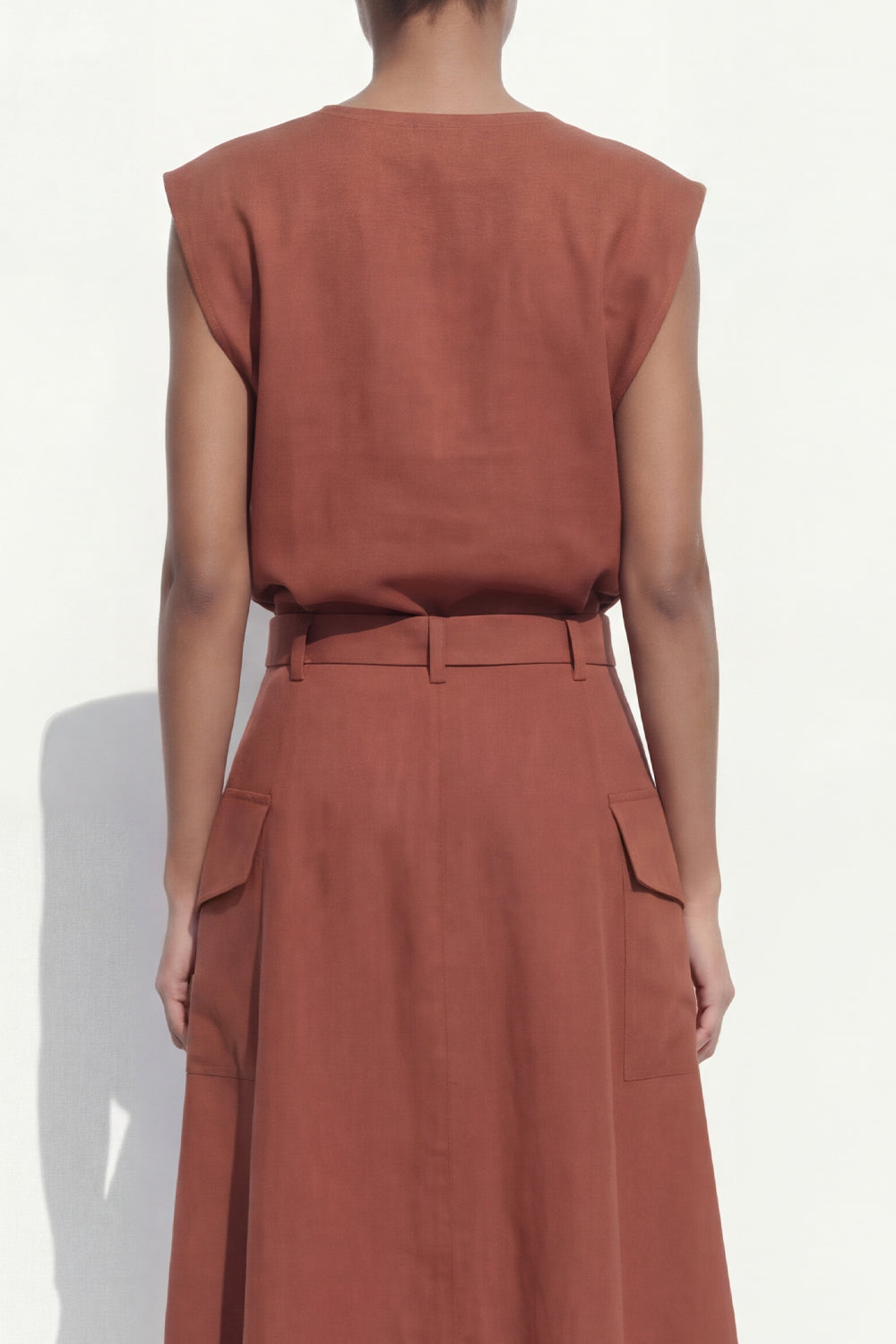 V Neck Carmel 2 Piece Cap Sleeves Business Suits with Belt