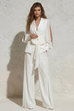 Notched Lapel White 2 Piece Wide Leg Business Suits with Pockets