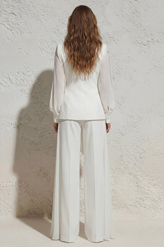 Notched Lapel White 2 Piece Wide Leg Business Suits with Pockets