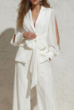 Notched Lapel White 2 Piece Wide Leg Business Suits with Pockets