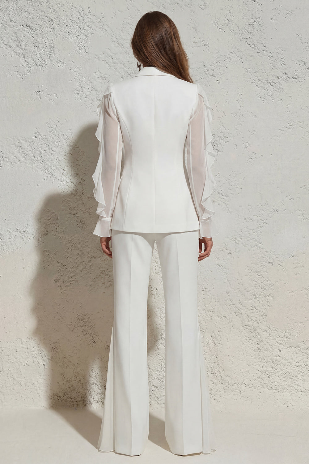 Ruffled Notched Lapel 2 Piece White Business Suits with Pockets