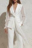 Ruffled Notched Lapel 2 Piece White Business Suits with Pockets