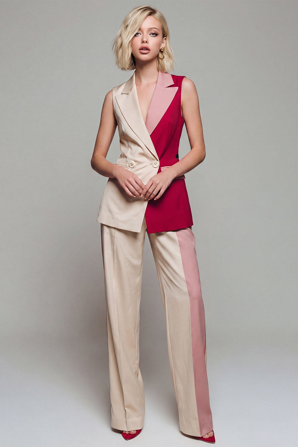 Light Khaki Double Breasted 2 Piece Color Block Notched Lapel Business Suits