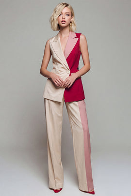 Light Khaki Double Breasted 2 Piece Color Block Notched Lapel Business Suits
