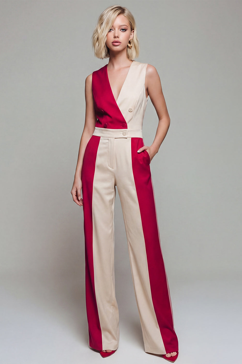 Double Breasted Shawl Lapel Light Khaki Color Block Jumpsuits with Pockets