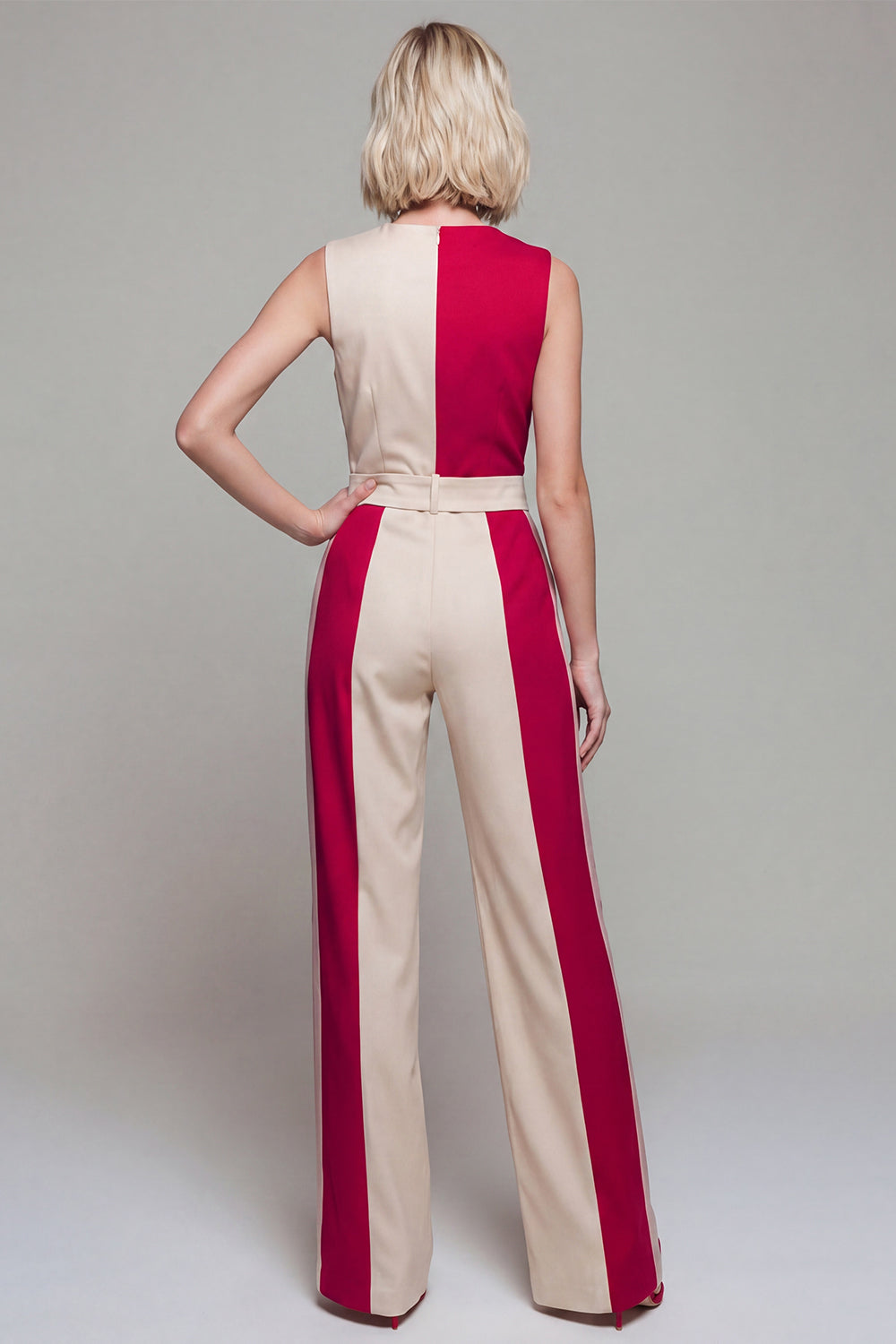 Double Breasted Shawl Lapel Light Khaki Color Block Jumpsuits with Pockets