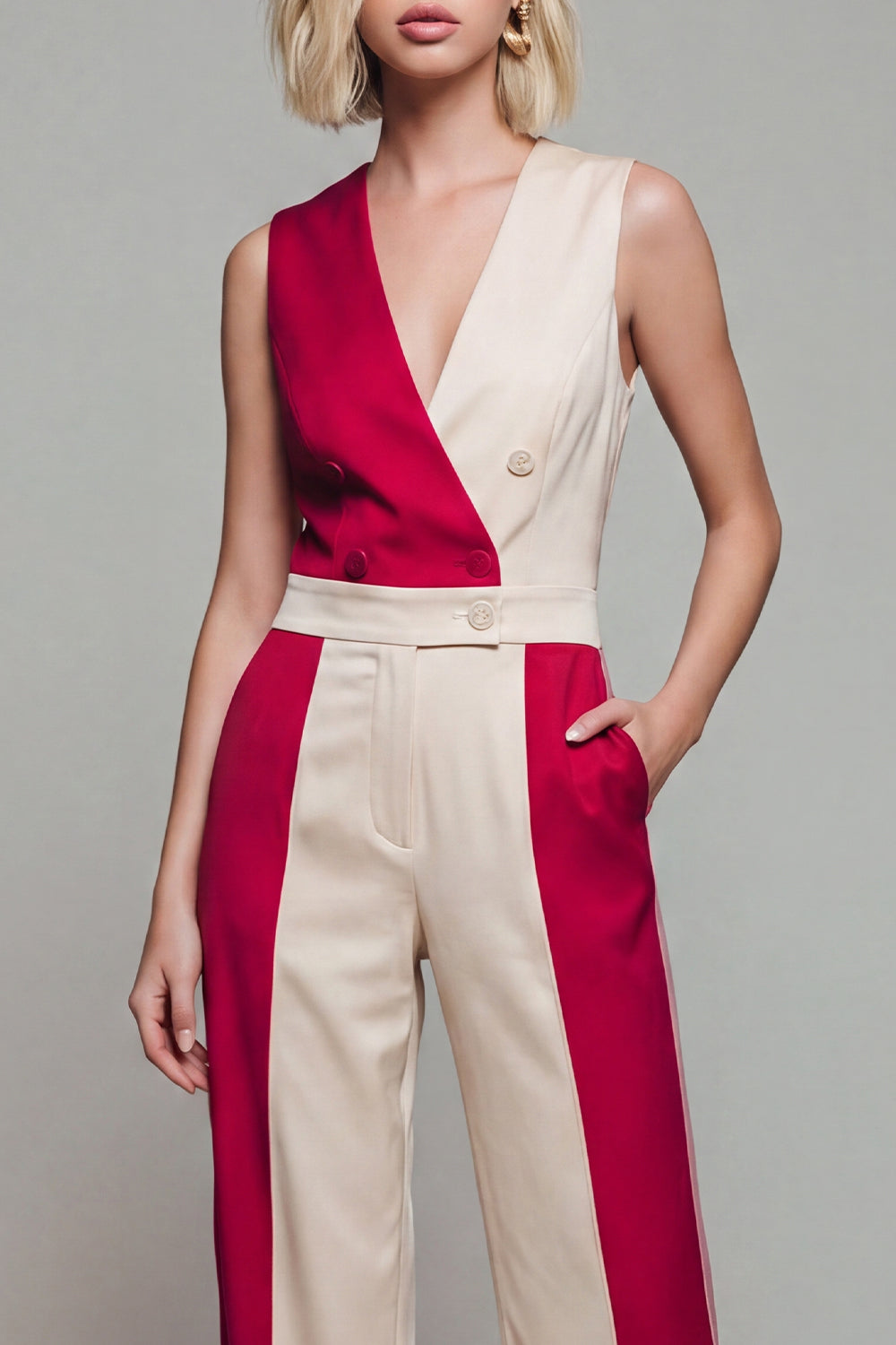 Double Breasted Shawl Lapel Light Khaki Color Block Jumpsuits with Pockets