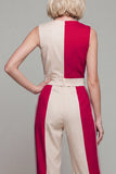 Double Breasted Shawl Lapel Light Khaki Color Block Jumpsuits with Pockets