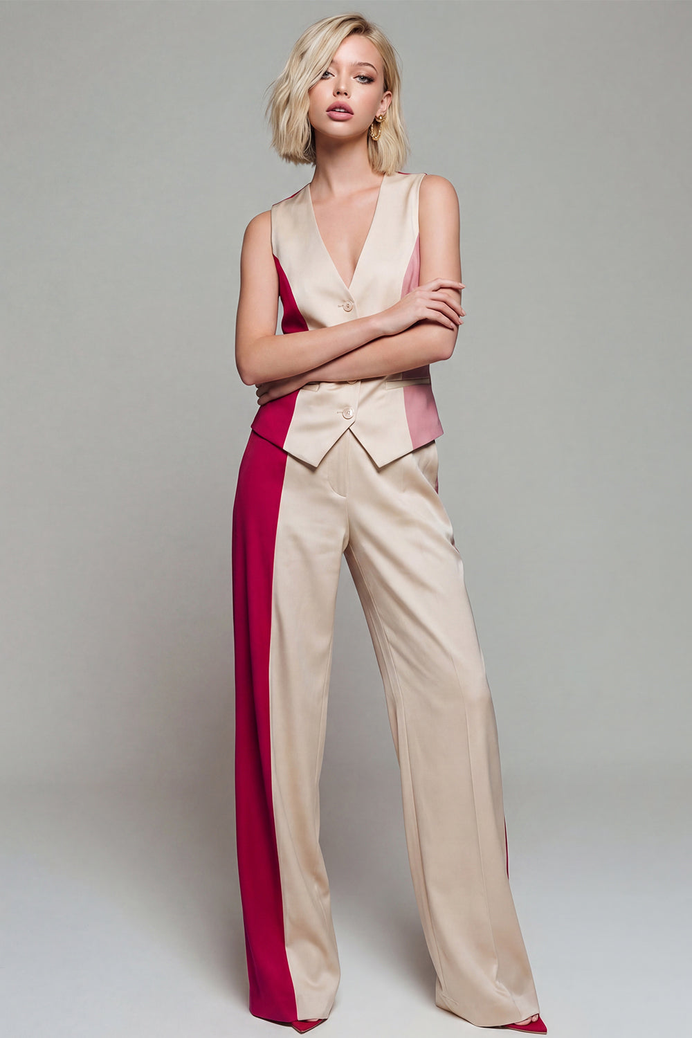 Shawl Lapel Light Khaki Wide Leg Single Breasted 2 Piece Color Block Business Suits