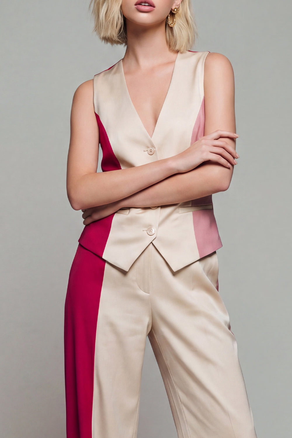 Shawl Lapel Light Khaki Wide Leg Single Breasted 2 Piece Color Block Business Suits