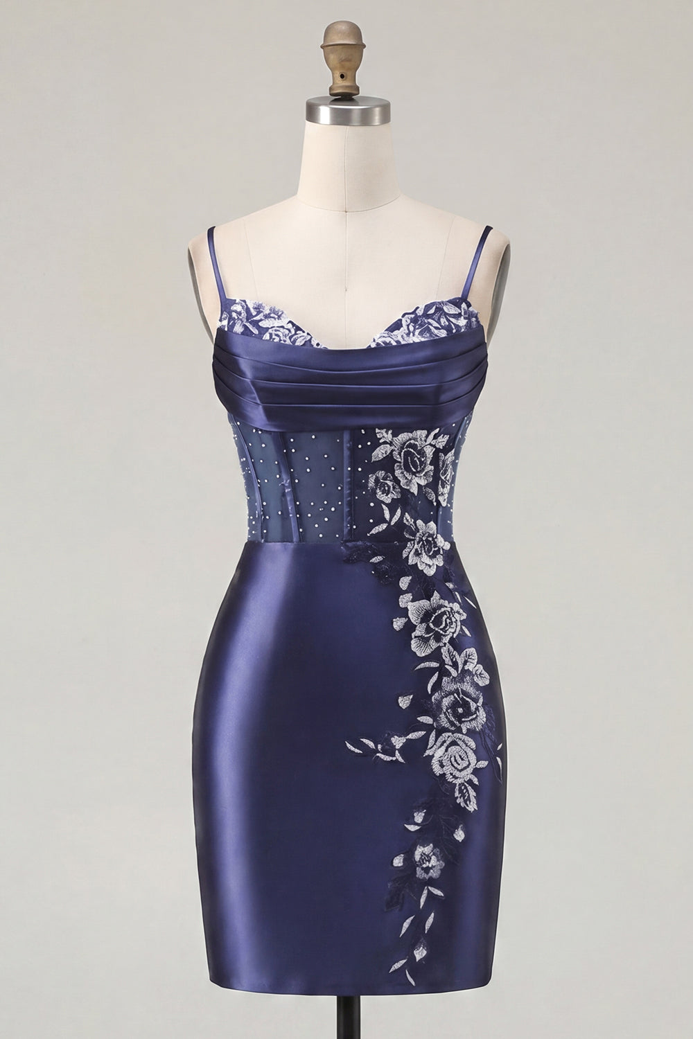 Floral Navy Corset Tight Short Homecoming Dress with Beading