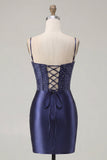 Floral Navy Corset Tight Short Homecoming Dress with Beading