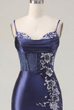 Floral Navy Corset Tight Short Homecoming Dress with Beading