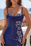 Floral Navy Corset Tight Short Homecoming Dress with Beading