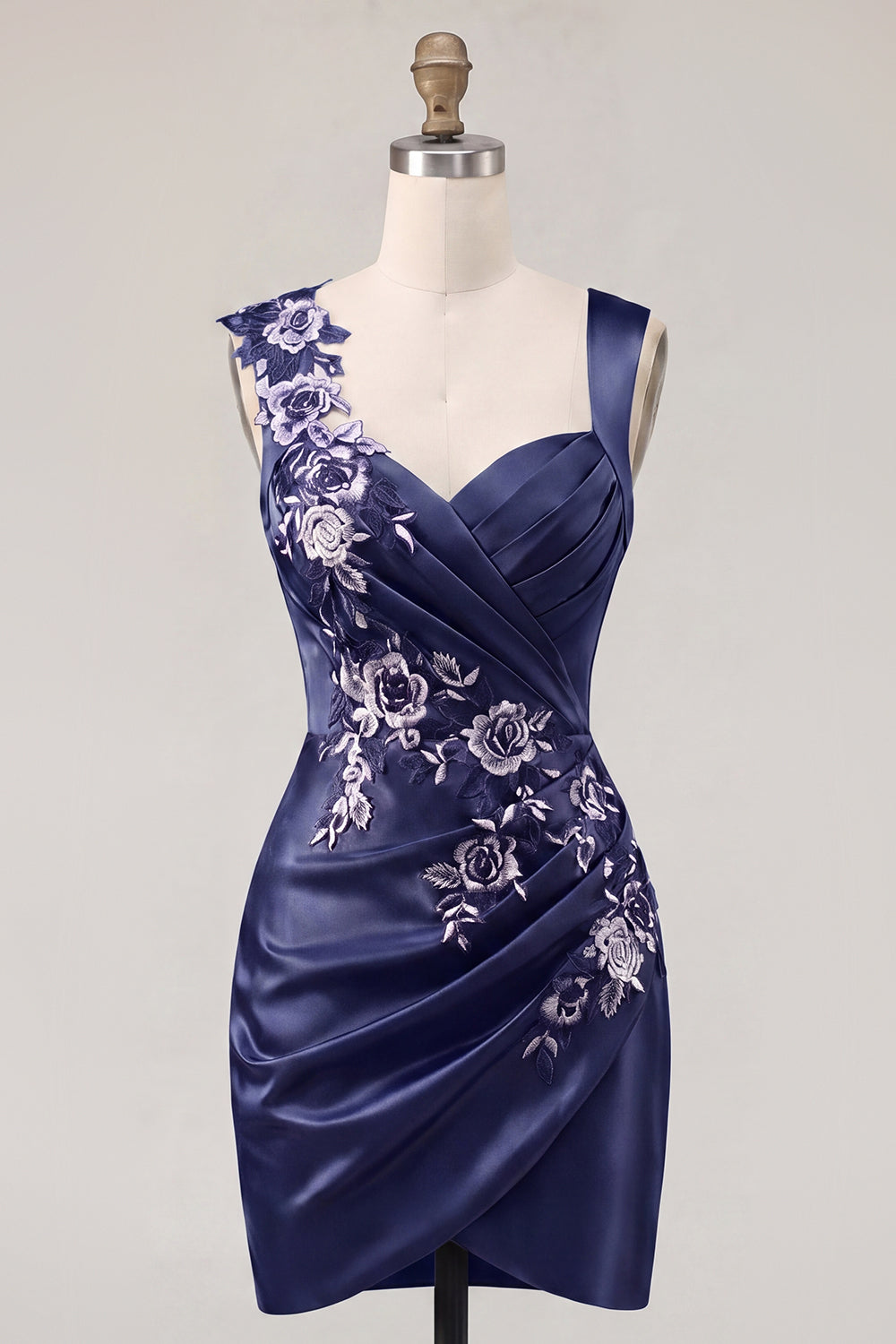 Floral Thick Straps Navy Ruched Tight Short Homecoming Dress