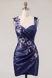 Floral Thick Straps Navy Ruched Tight Short Homecoming Dress
