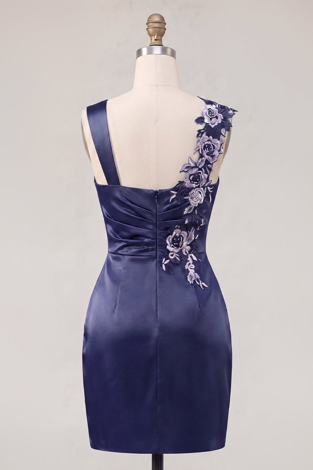 Floral Thick Straps Navy Ruched Tight Short Homecoming Dress