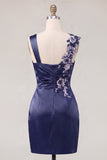 Floral Thick Straps Navy Ruched Tight Short Homecoming Dress