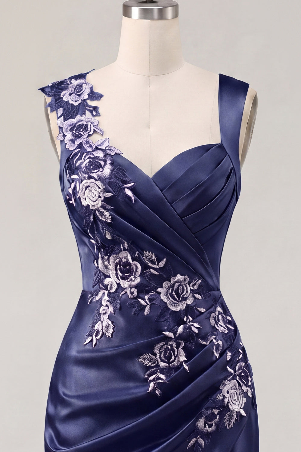Floral Thick Straps Navy Ruched Tight Short Homecoming Dress