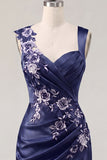 Floral Thick Straps Navy Ruched Tight Short Homecoming Dress