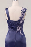 Floral Thick Straps Navy Ruched Tight Short Homecoming Dress