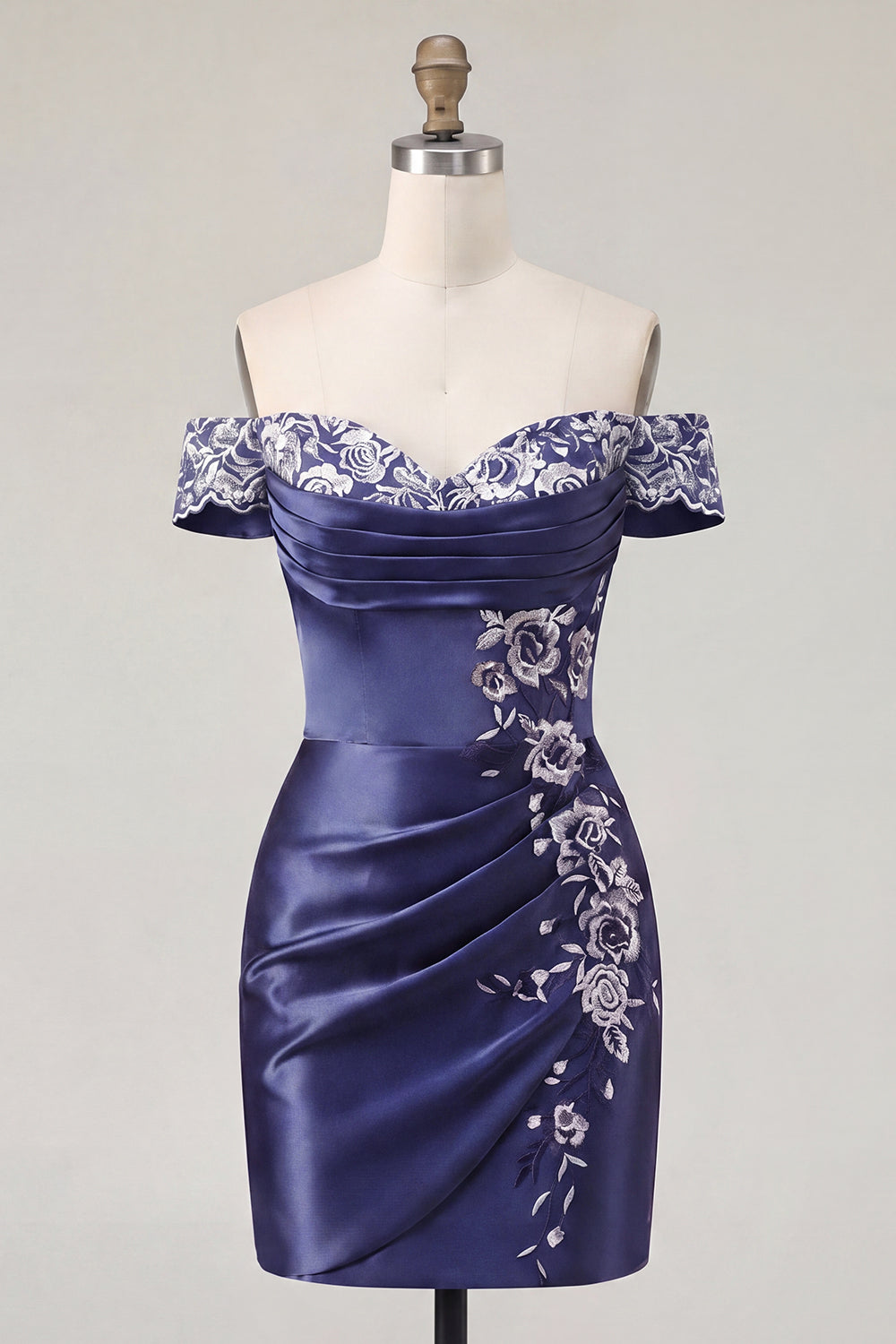 Off the Shoulder Floral Navy Ruched Tight Short Homecoming Dress