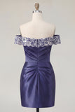 Off the Shoulder Floral Navy Ruched Tight Short Homecoming Dress