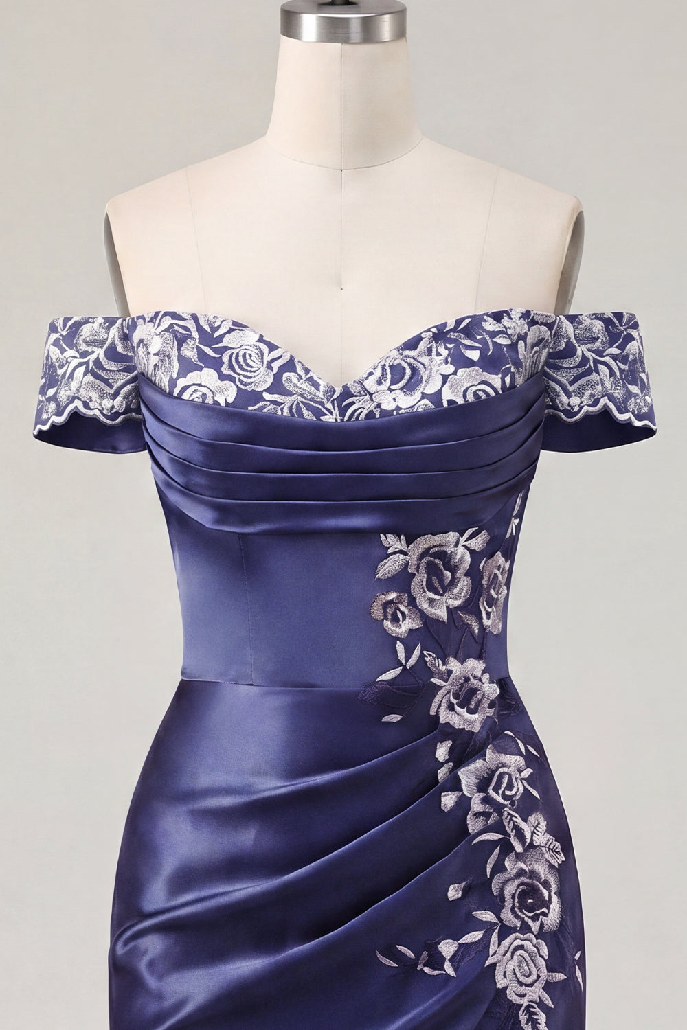 Off the Shoulder Floral Navy Ruched Tight Short Homecoming Dress