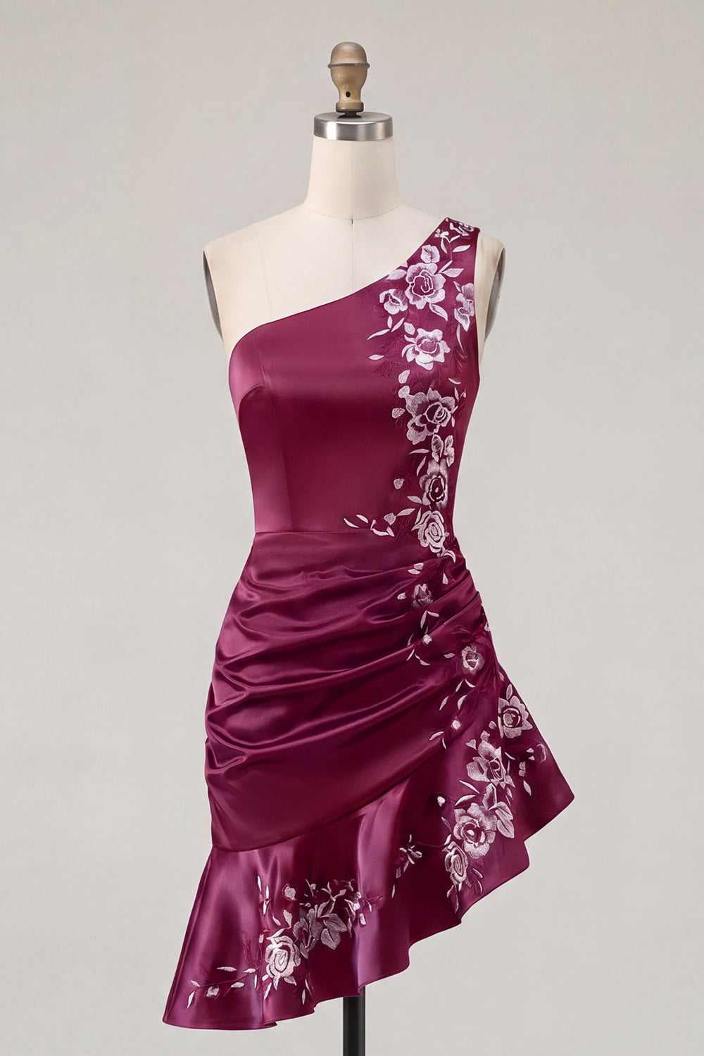 One Shoulder Floral Navy Ruched Tight Short Homecoming Dress with Ruffles
