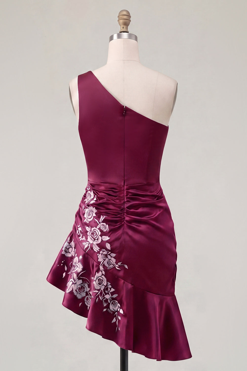 One Shoulder Floral Navy Ruched Tight Short Homecoming Dress with Ruffles