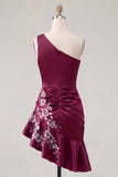 One Shoulder Floral Navy Ruched Tight Short Homecoming Dress with Ruffles