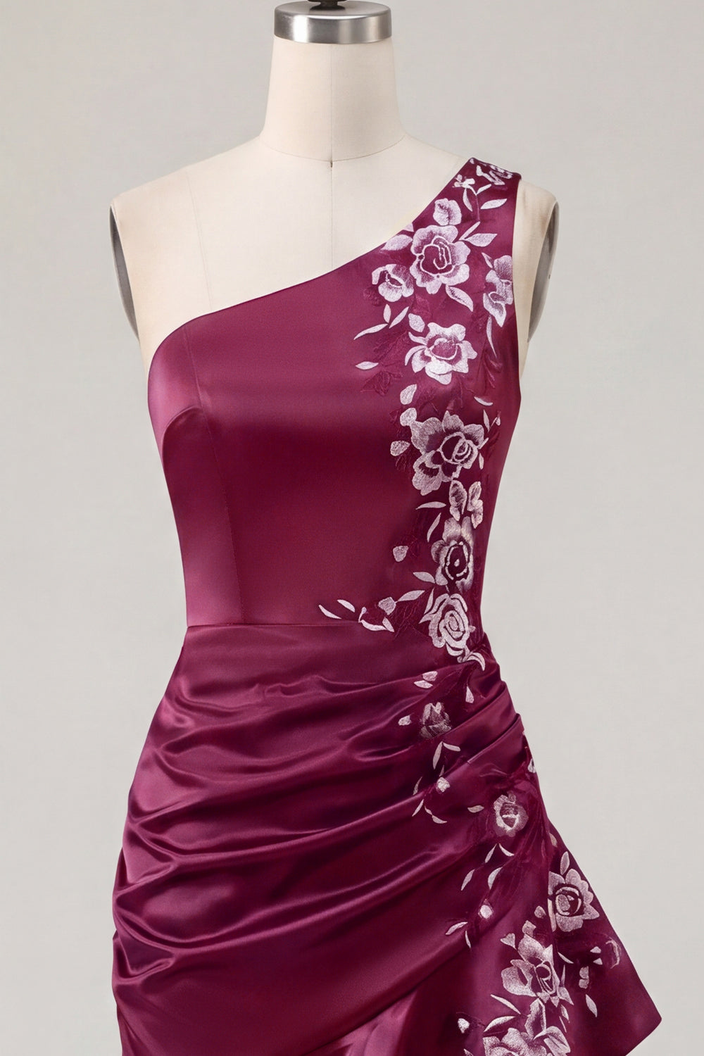 One Shoulder Floral Navy Ruched Tight Short Homecoming Dress with Ruffles