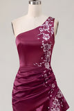 One Shoulder Floral Navy Ruched Tight Short Homecoming Dress with Ruffles