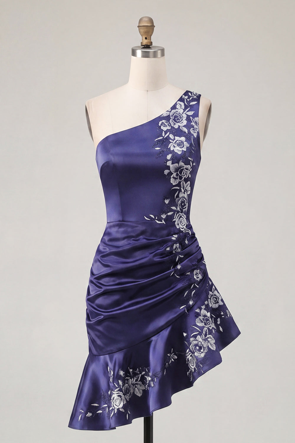One Shoulder Floral Navy Ruched Tight Short Homecoming Dress with Ruffles
