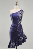 One Shoulder Floral Navy Ruched Tight Short Homecoming Dress with Ruffles