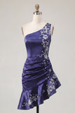 One Shoulder Floral Navy Ruched Tight Short Homecoming Dress with Ruffles