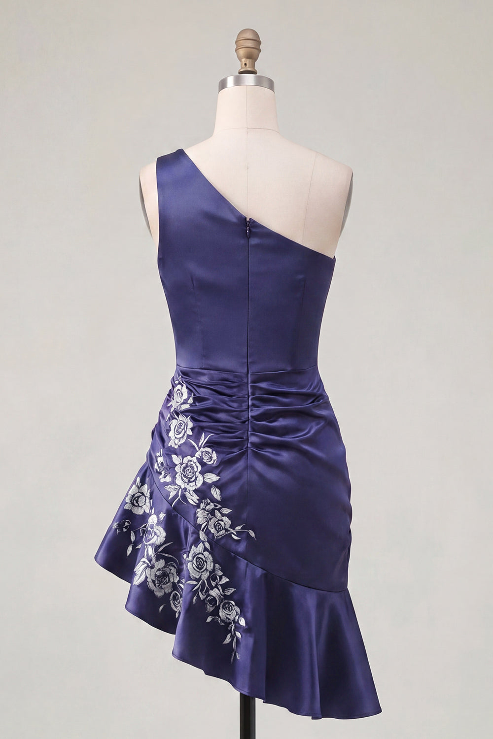 One Shoulder Floral Navy Ruched Tight Short Homecoming Dress with Ruffles